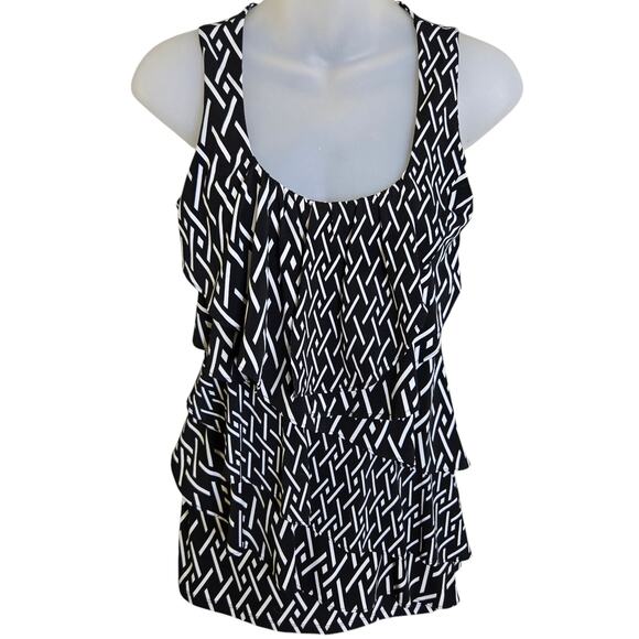 White House Black Market Womens Geometric Print Tank XS Tiered Ruffles Stretch - Picture 1 of 7